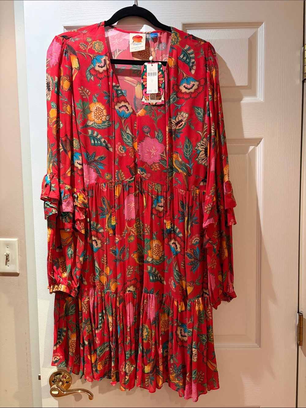 FARM Rio Red Floral Tiered Long-Sleeve Dress